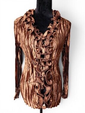 Toffee & Apple Copper Metallic Pleated Satin Ruffled Long Sleeve Blouse